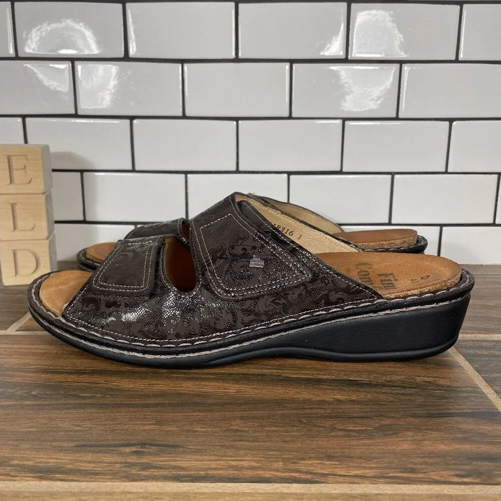 Finn Comfort Jamaika S Womens Sz EU 43 Shoes Brown Paisley Leather Slide Sandal